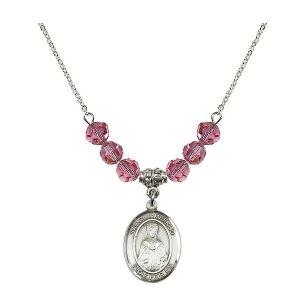 Bonyak Jewelry 18 Inch Rhodium Plated Necklace w/ 6mm Light Rose Pink October Birth Month Stone Beads and Saint Winifred of Wales Charm Bonyak Jewelry 18 Inch Rhodium Plated Necklace w/ 6mm Light Rose Pink October Birth Month Stone Beads and Saint Winifred of Wales Charm
